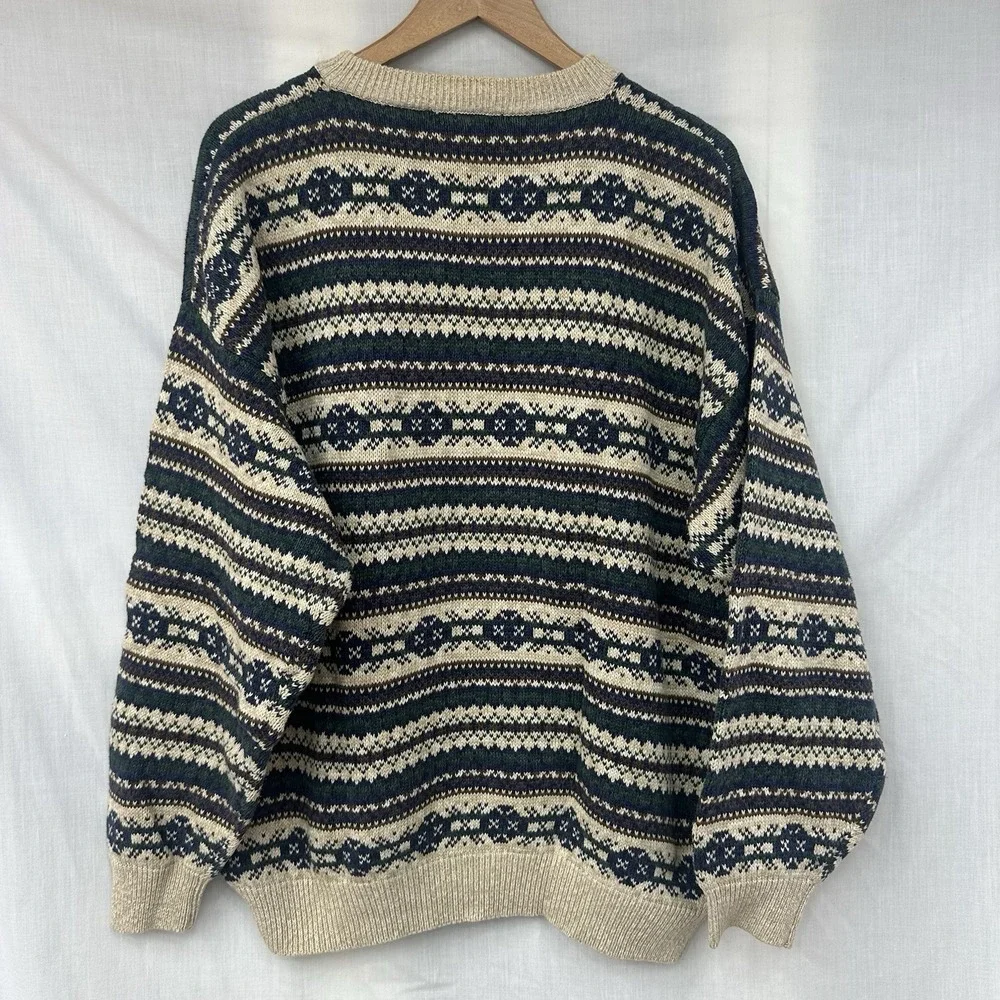 Vintage IZOD Sweater XL Beige Fair Isle Cotton Crewneck Knit Pullover Stripes